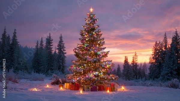 Obraz Illuminated christmas tree adorned with lights and gifts stands in a snowy forest at twilight