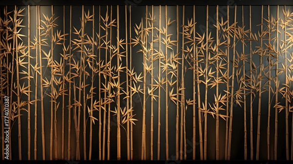 Obraz Minimalist black and gold artwork featuring silhouetted bamboo canes in a sleek lacquer screen design.