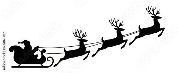 Fototapeta Santa Claus in his sleigh with reindeer silhouette vector illustration for Christmas designs isolated on white background