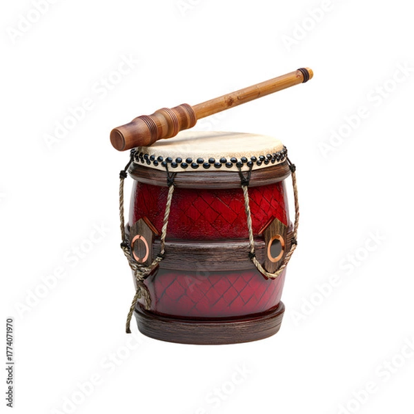 Fototapeta Traditional red drum with a wooden stick isolated on transparent background