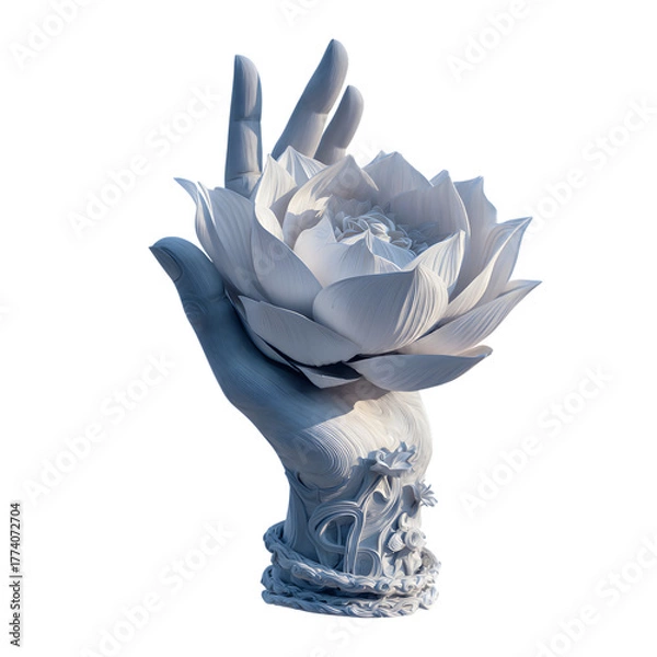 Fototapeta Hand holding a lotus flower statue isolated on transparent background, a symbol of peace