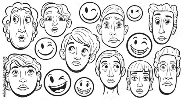 Fototapeta Cartoon faces with different expressions including surprise confusion and winking emojis
