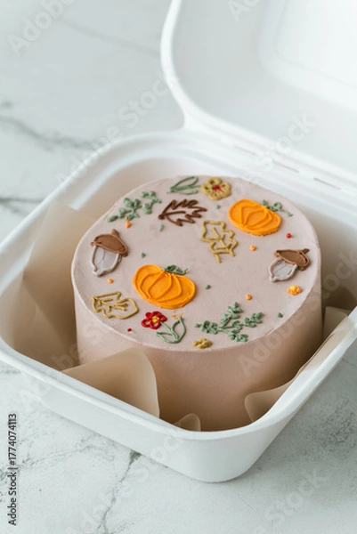 Fototapeta Autumn themed and Halloween festive bento cake in a gift box on the white marble background