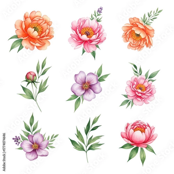 Obraz Elegant watercolor floral arrangements featuring peonies and greenery for decorative projects isolated on transparent background