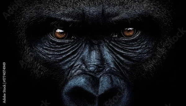 Obraz Close-up of a gorilla face with glowing amber eyes and detailed skin texture. Dramatic lighting highlights power, emotion, and depth in this striking wildlife portrait.
