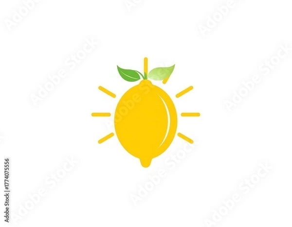 Obraz A minimalist illustration of a bright yellow lemon with green leaves, radiating light