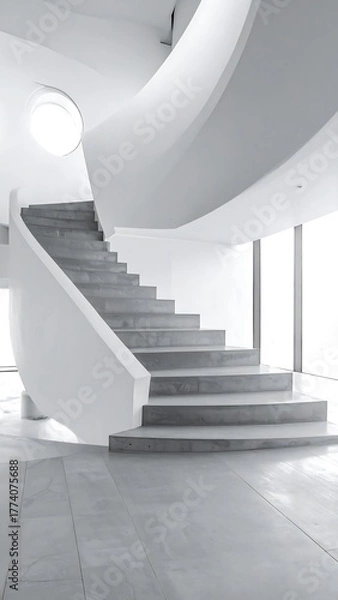 Fototapeta A minimalist spiral staircase ascends with clean lines and muted tones in bright natural light
