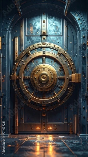 Fototapeta A massive, ornate vault door with a complex locking mechanism and industrial details