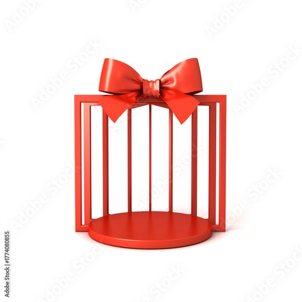 Fototapeta Blank red gift box product display mockup round podium stand or red present box frame showcase pedestal isolated on white background with shadow minimal creative idea concepts 3D rendering
