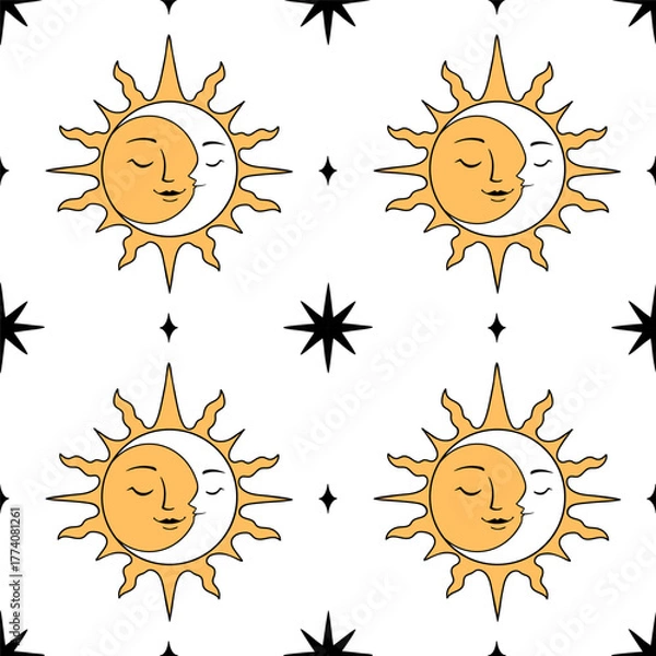 Obraz Seamless pattern with crescent Moon inside the golden Sun and black stars on a white background. Celestial design for wrapping paper, scrapbook, fabric, or textile. Astrological drawing for wallpaper.