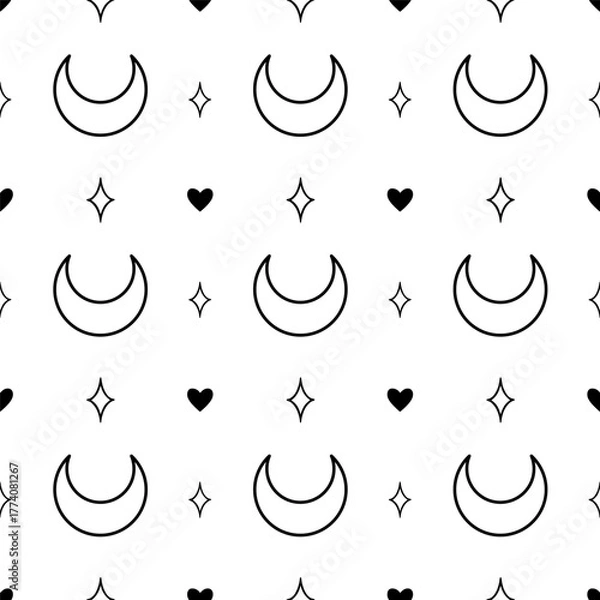 Obraz Vector seamless pattern with outline crescent moon, stars and hearts on a white background. Line drawing for wallpaper or card. Celestial design for wrapping paper, scrapbook, fabric, or textile.