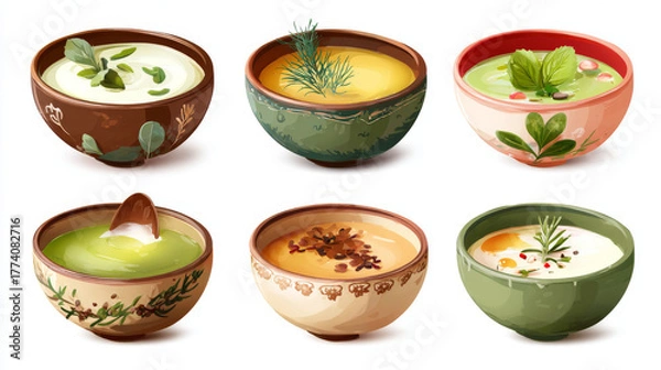 Fototapeta Collection of various soup bowls with cream soup and decorations, isolated on white background in realistic style