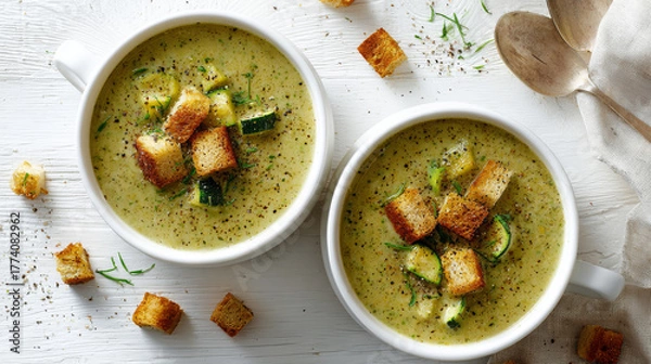 Fototapeta Creamy broccoli and zucchini soup with croutons served in a bowl on a white wooden table