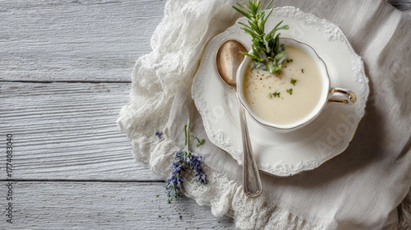 Fototapeta French du Barry white soup served in bowl on rustic table, top view