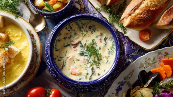 Obraz French du Barry white soup served in bowl on rustic table, top view