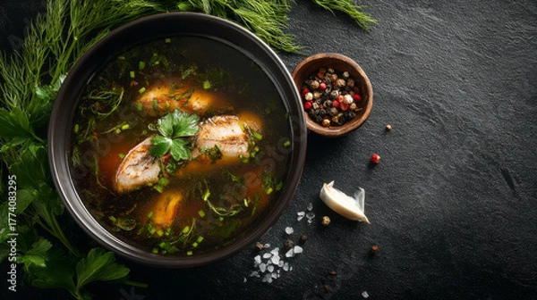 Fototapeta Fresh fish soup served in ceramic bowl on dark textured surface, top view