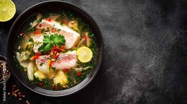 Fototapeta Fresh fish soup served in ceramic bowl on dark textured surface, top view