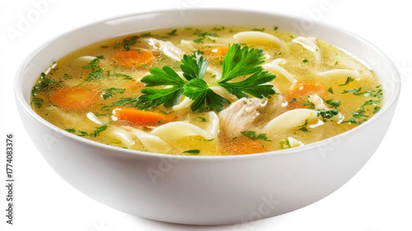 Fototapeta Instant chicken noodle soup with parsley garnish served in a white ceramic bowl on white background.