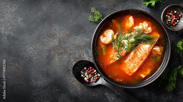 Obraz Fresh fish soup served in ceramic bowl on dark textured surface, top view