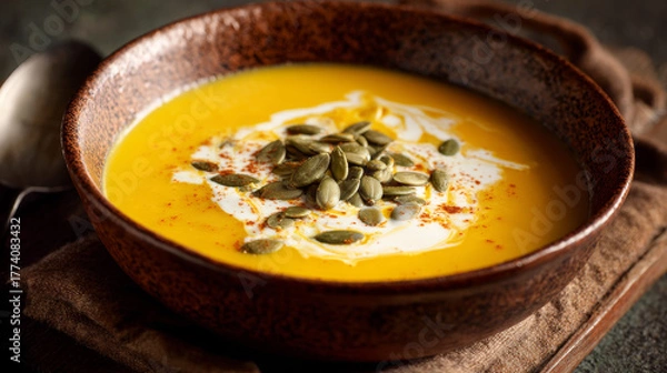 Fototapeta Warm pumpkin soup with cream swirl in ceramic bowl