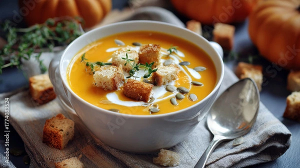 Fototapeta Bowl of pumpkin puree soup topped with cream, croutons, and pumpkin seeds on a rustic table