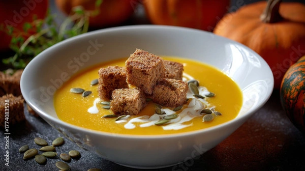 Fototapeta Bowl of pumpkin puree soup topped with cream, croutons, and pumpkin seeds on a rustic table