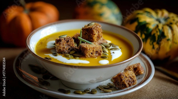 Fototapeta Bowl of pumpkin puree soup topped with cream, croutons, and pumpkin seeds on a rustic table