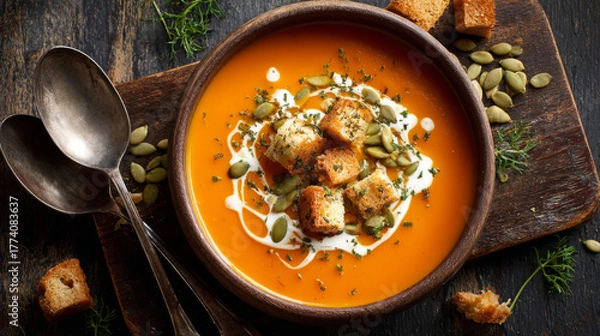 Fototapeta Bowl of pumpkin puree soup topped with cream, croutons, and pumpkin seeds on a rustic table
