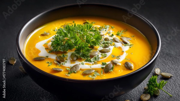 Obraz Creamy pumpkin soup garnished with parsley and seeds on dark rustic table