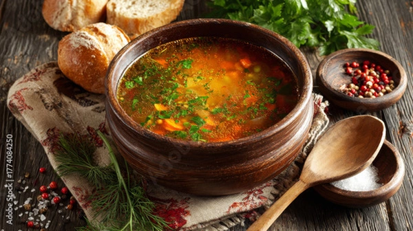 Fototapeta Warm bowl of homemade vegetable soup with fresh herbs on a rustic table