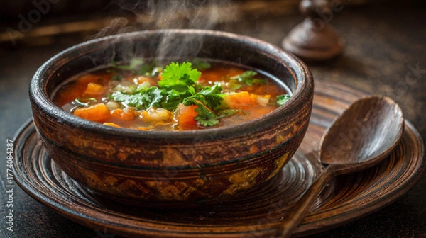 Fototapeta Warm bowl of homemade vegetable soup with fresh herbs on a rustic table