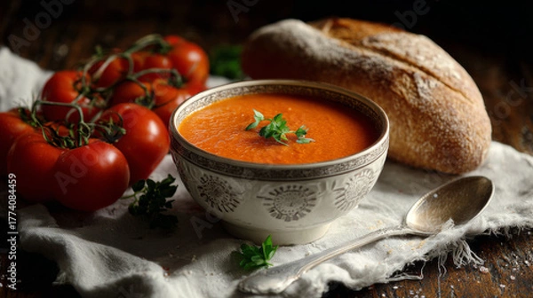 Fototapeta Delicious creamy tomato soup with spoon and bread on the side