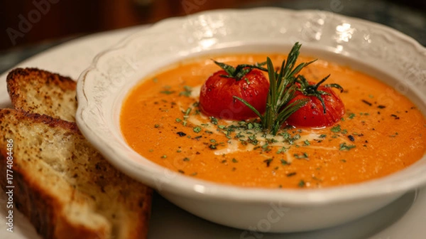 Fototapeta Delicious creamy tomato soup with spoon and bread on the side