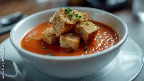 Obraz Bowl of tomato soup topped with crunchy croutons on a rustic wooden table