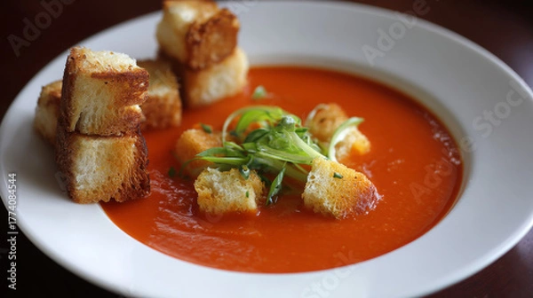 Obraz Bowl of tomato soup topped with crunchy croutons on a rustic wooden table