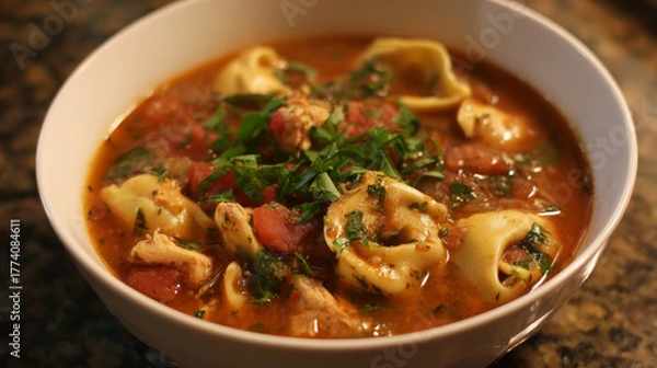 Fototapeta Warm bowl of homemade traditional chicken tortellini soup with fresh herbs and vegetables on a rustic wooden table