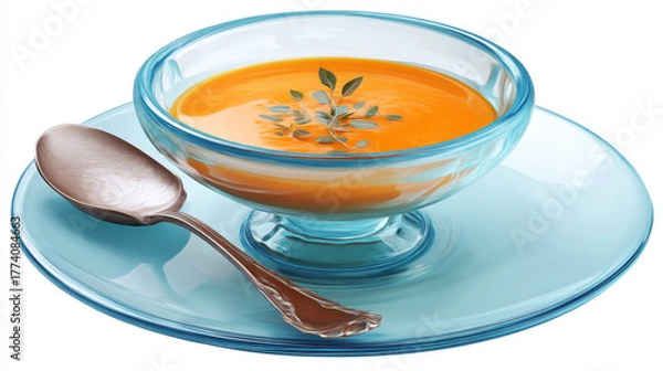 Fototapeta Bowl of soup served on blue background with spoon and plate stand