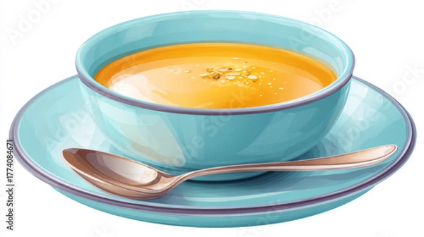 Fototapeta Bowl of soup served on blue background with spoon and plate stand