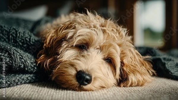 Fototapeta Adorable fluffy dog resting on a cozy blanket in warm sunlight, capturing a peaceful and relaxed indoor moment