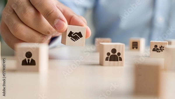 Fototapeta Empathy in leadership concept. Wooden block symbolizing empathy and partnership among blocks representing individuals, emotional intelligence and trust in workplace leadership and team collaboration.
