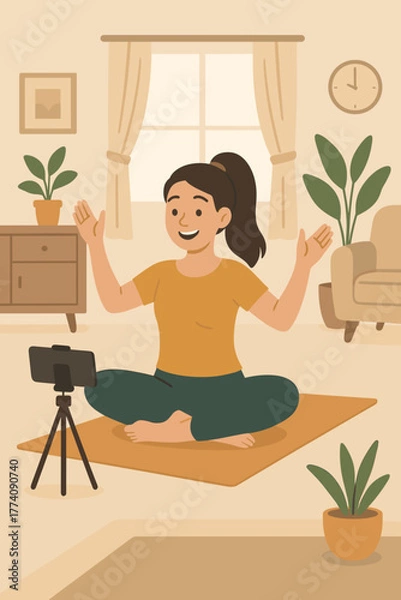 Fototapeta Smiling Young Woman With Ponytail In Yellow T Shirt And Green Pants Sitting Cross Legged On Yoga Mat Recording Content On Smartphone Mounted On Tripod In Bright Living Room With Plants And Clock On
