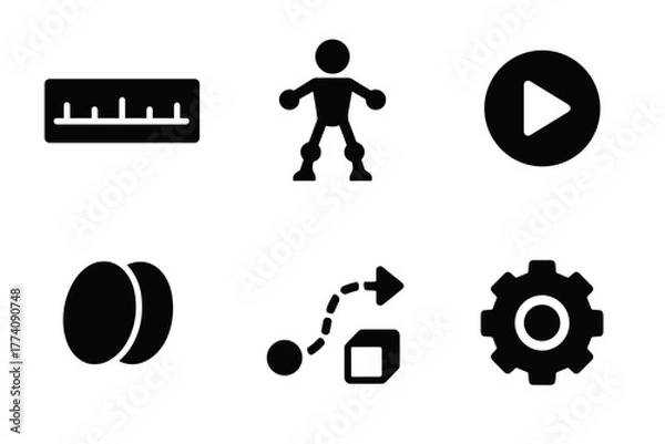 Fototapeta Collection of Six Black Icons Including A Bar Chart A Person A Play Button A Gear A Strategy Diagram And Two Circles On A Black Background