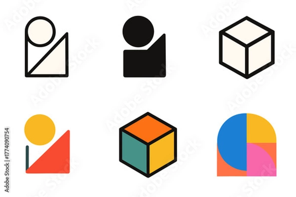 Fototapeta Abstract Geometric Shapes Composition with Circles Squares and Arches in Various Color Palettes on Black Background