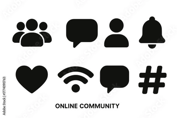Fototapeta Collection Of Social Media Icons In Black With White Text Online Community In The Center Isolated On Black Background Minimalist Design