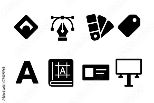 Fototapeta Set of Black Graphic Design Icons Including A Book And A Billboard Against A White Background