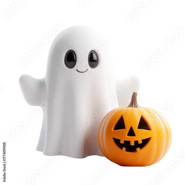 Obraz 3D cute ghost with pumpkin, isolated without background