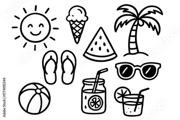 Fototapeta Collection Of Summer Vacation Icons Featuring A Smiling Sun A Palm Tree A Beach Ball Flip Flops Sunglasses Ice Cream And Refreshing Drinks On A White Background