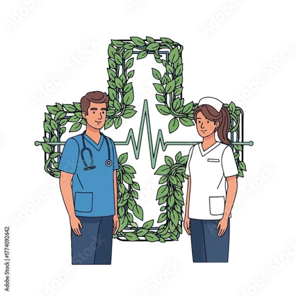 Obraz A doctor and nurse pair posing next to a large nature-inspired cross design with heartbeat symbols