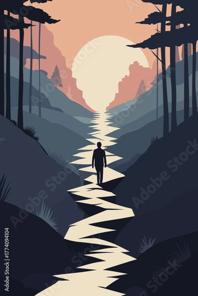 Fototapeta Silhouette of a person walking along a winding path through a valley toward the sunset, symbolizing life’s journey, hope, and self-discovery in minimalist vector art.