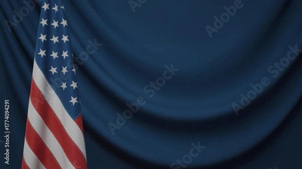 Fototapeta American flag on draped blue fabric patriotic symbol of the United States background for political or national events